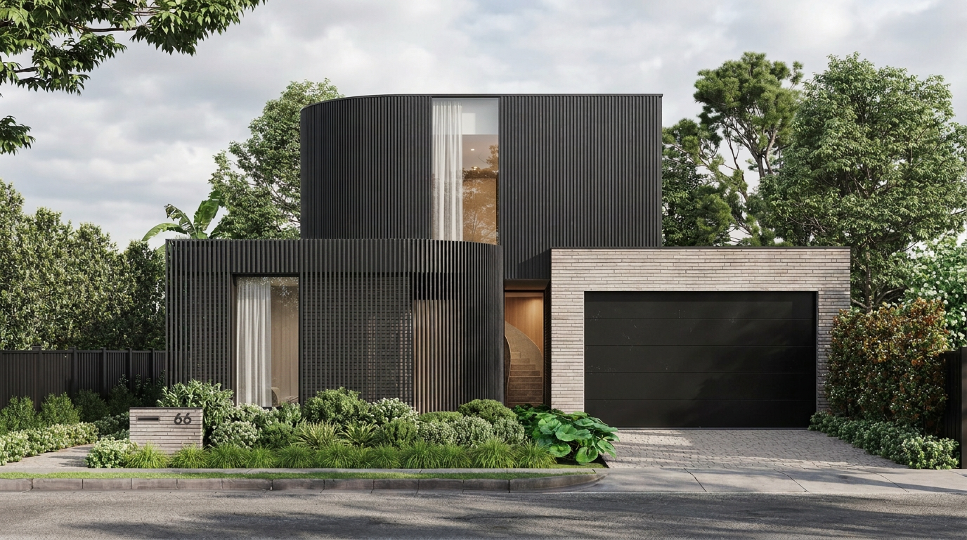 3D exterior render — canyon residence with reflecting pool, dusk