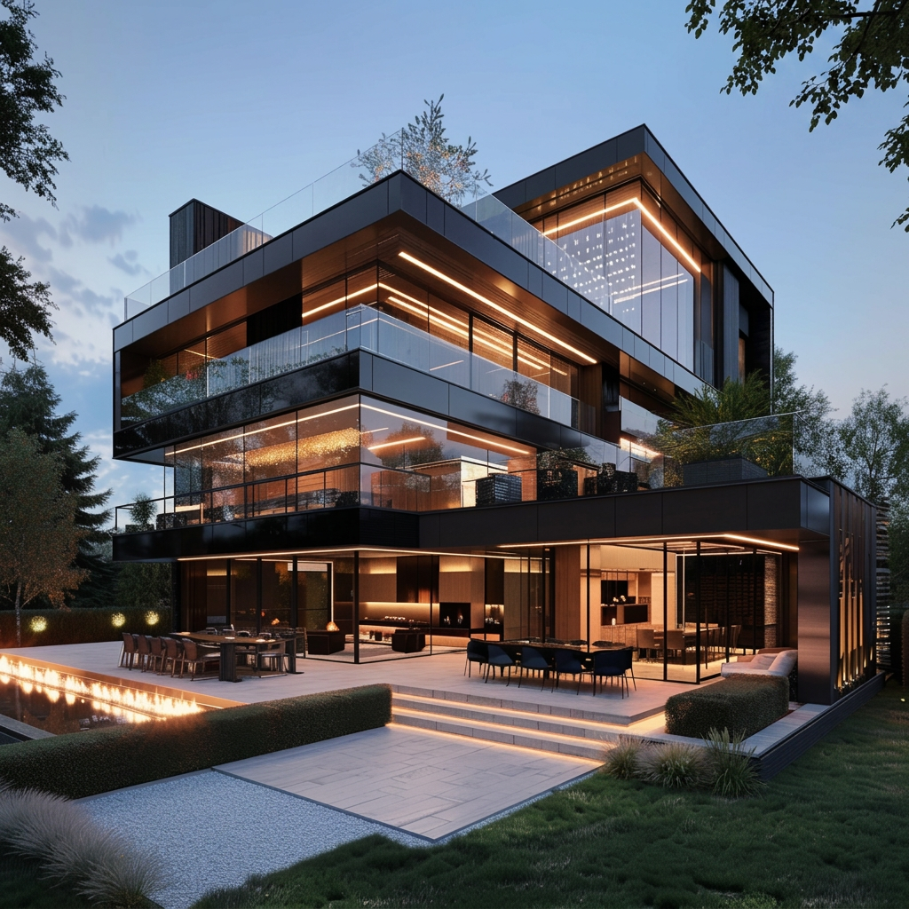 3D exterior render — modern house at dusk with terrace firepit