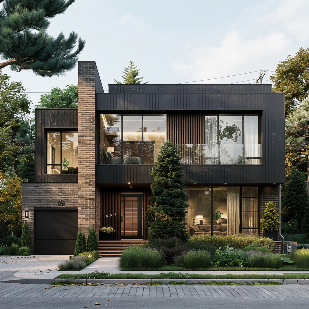 3D exterior render — black-clad house with brick garage