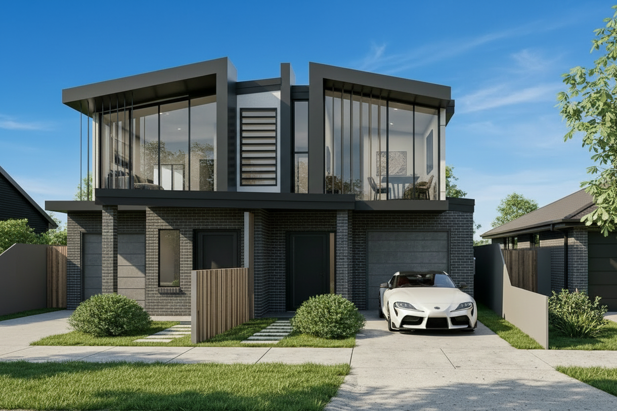 3D exterior render — duplex residence, front elevation, daytime