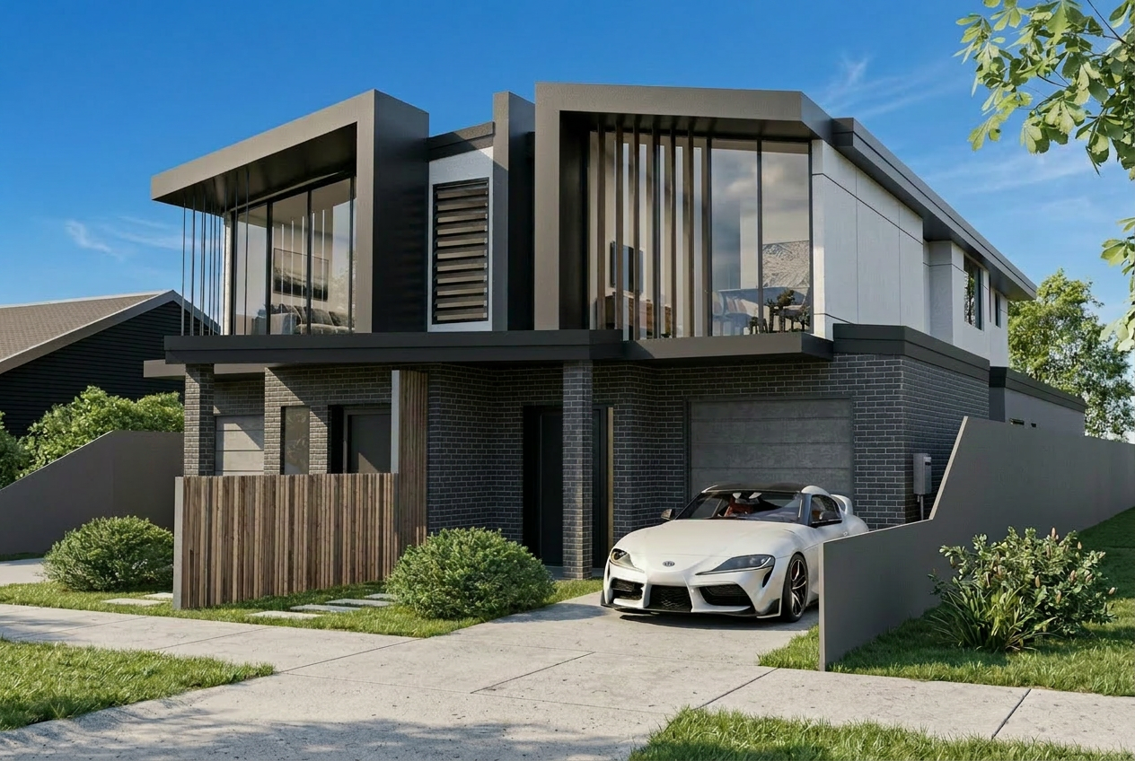 3D exterior render — duplex residence, dark brick variant, daytime