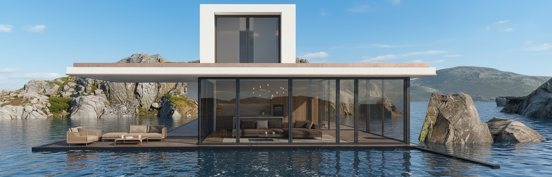 3D exterior render — floating waterfront residence, front elevation, daytime
