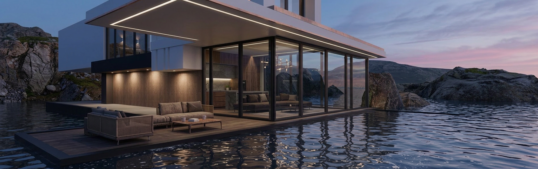 3D exterior render — floating waterfront residence, angled view, dusk