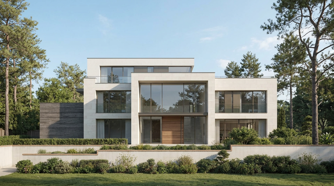 3D exterior render — modern stone-clad residence, symmetrical front elevation, daytime