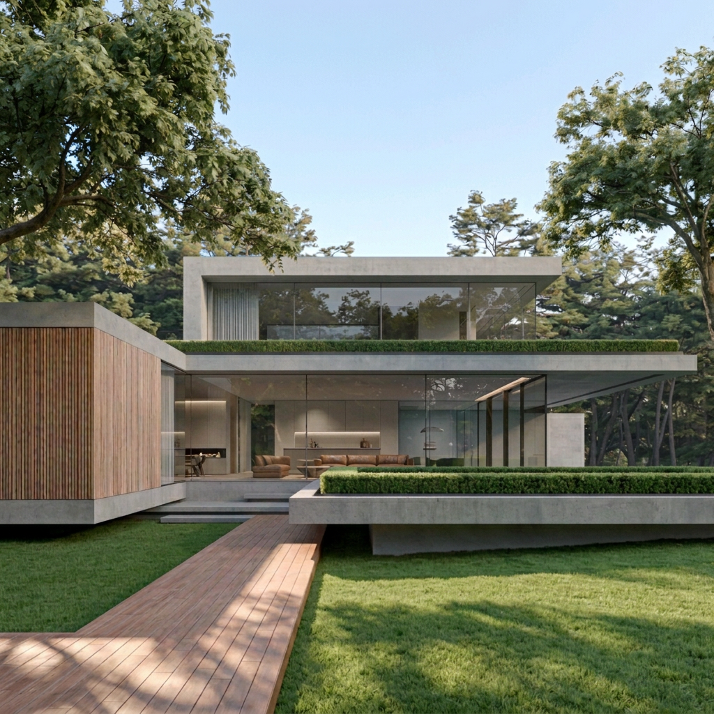 3D exterior render — forest-set glass pavilion residence with green roof terrace