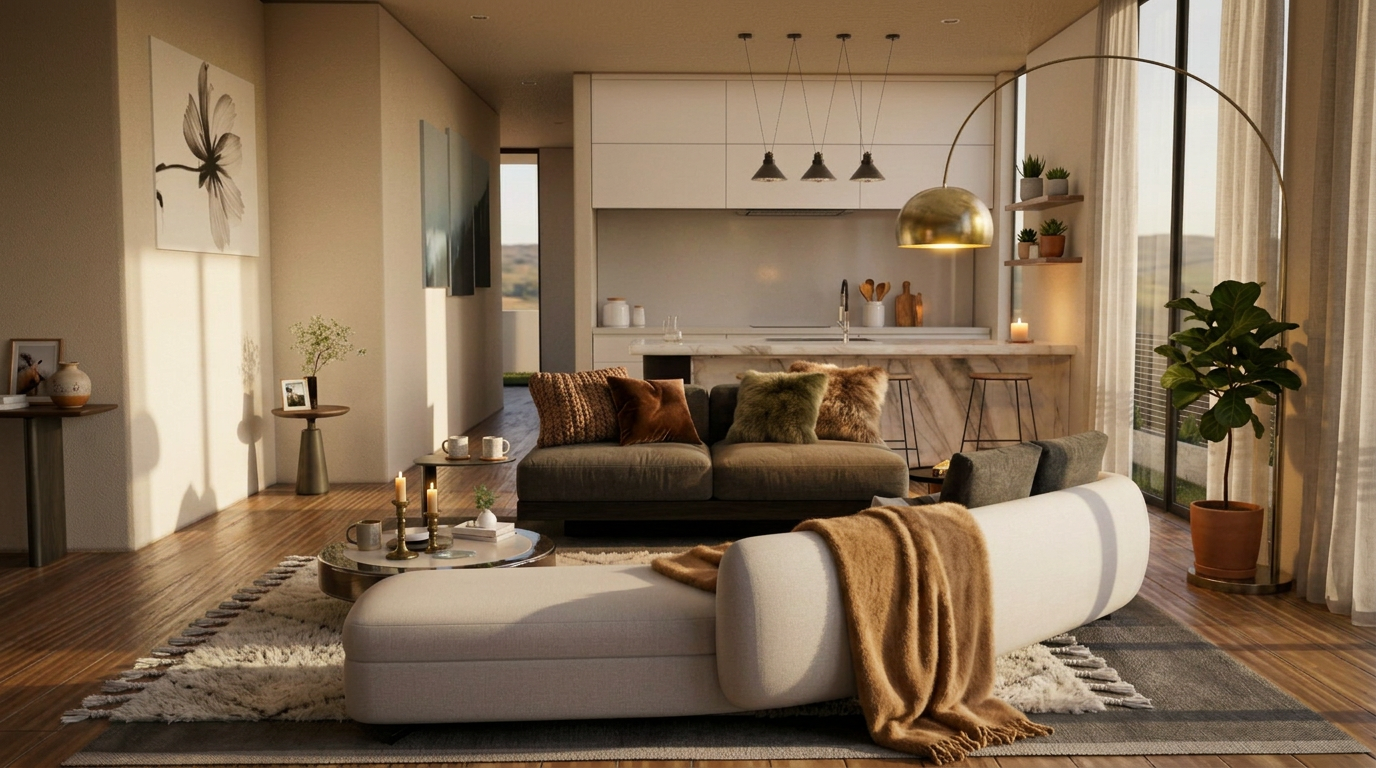 3D interior render — living space with natural light