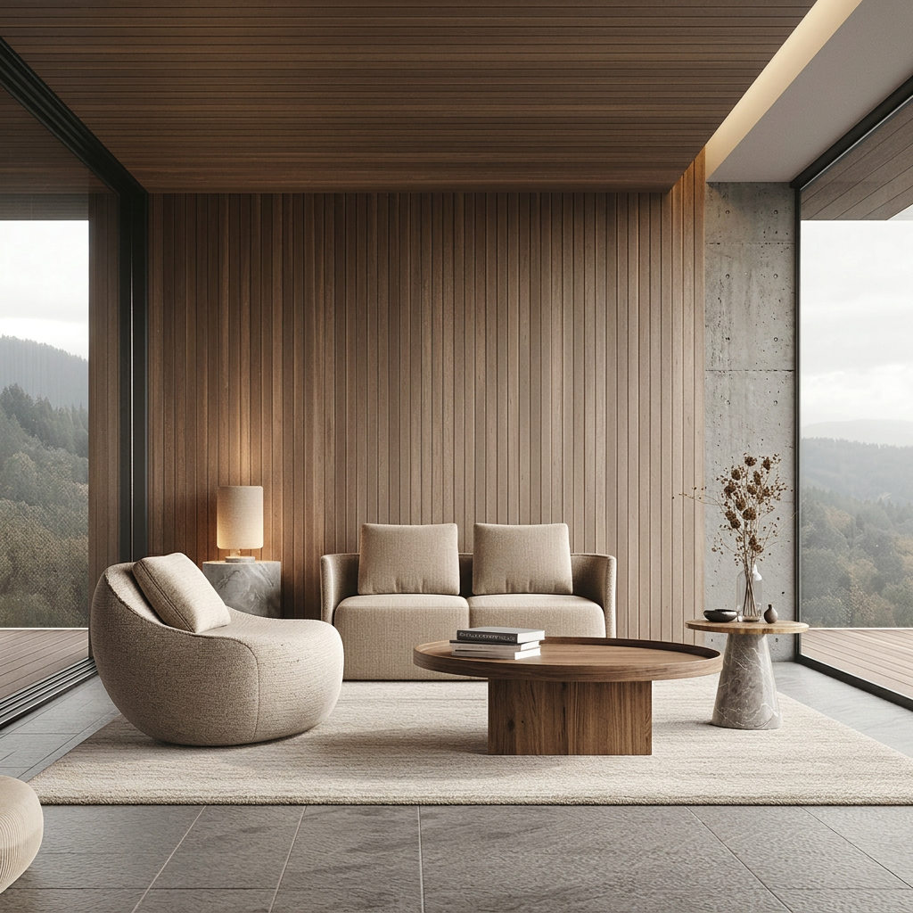3D interior render — open-plan living area with mountain view