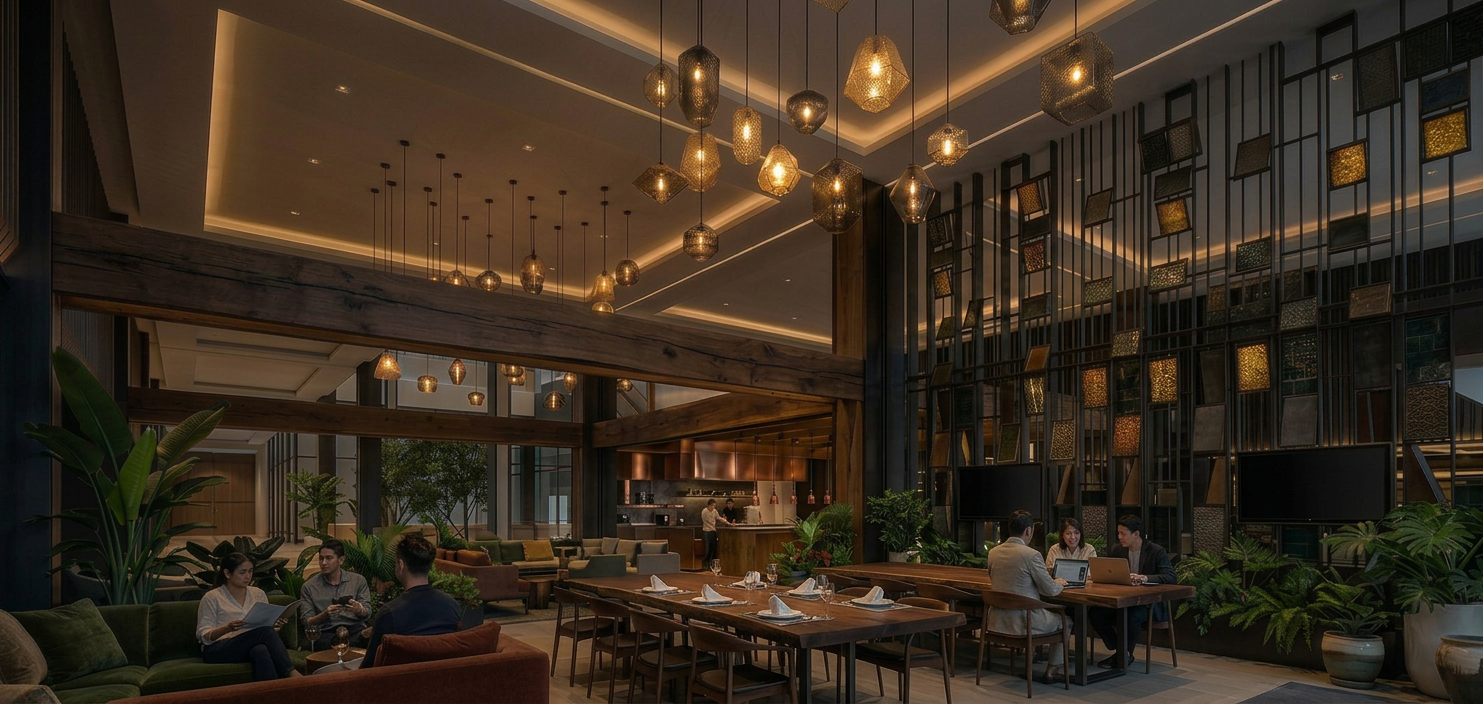 3D interior render — hospitality lounge with sculptural pendant lighting and communal dining tables, evening