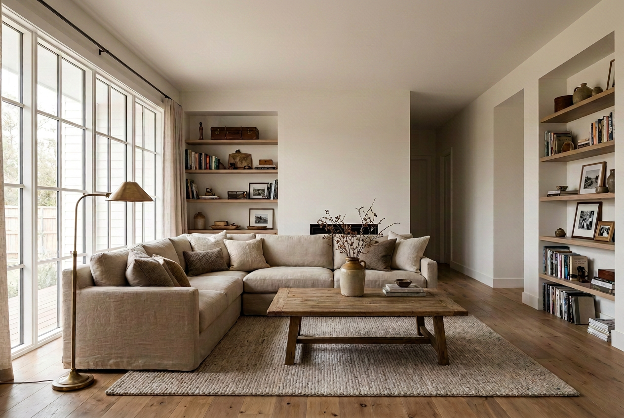 3D interior render — neutral-toned living room with sectional sofa and built-in bookshelves