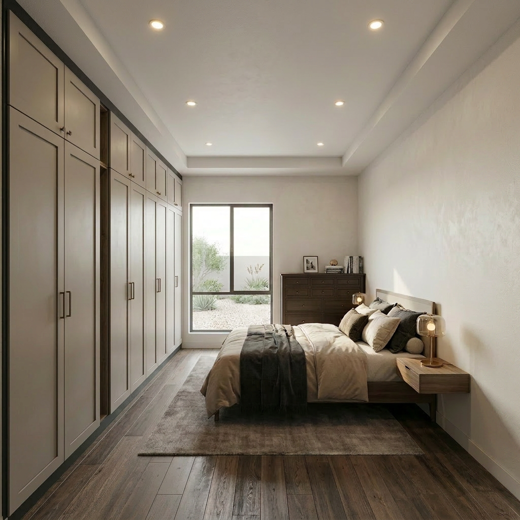 Renovation concept — primary bedroom with built-in wardrobe wall