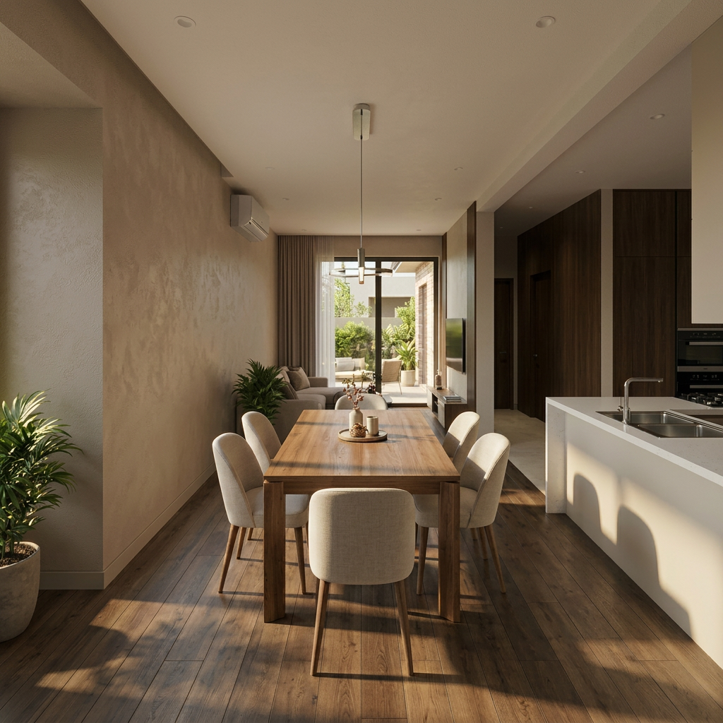 Renovation concept — open-plan dining table and kitchen island