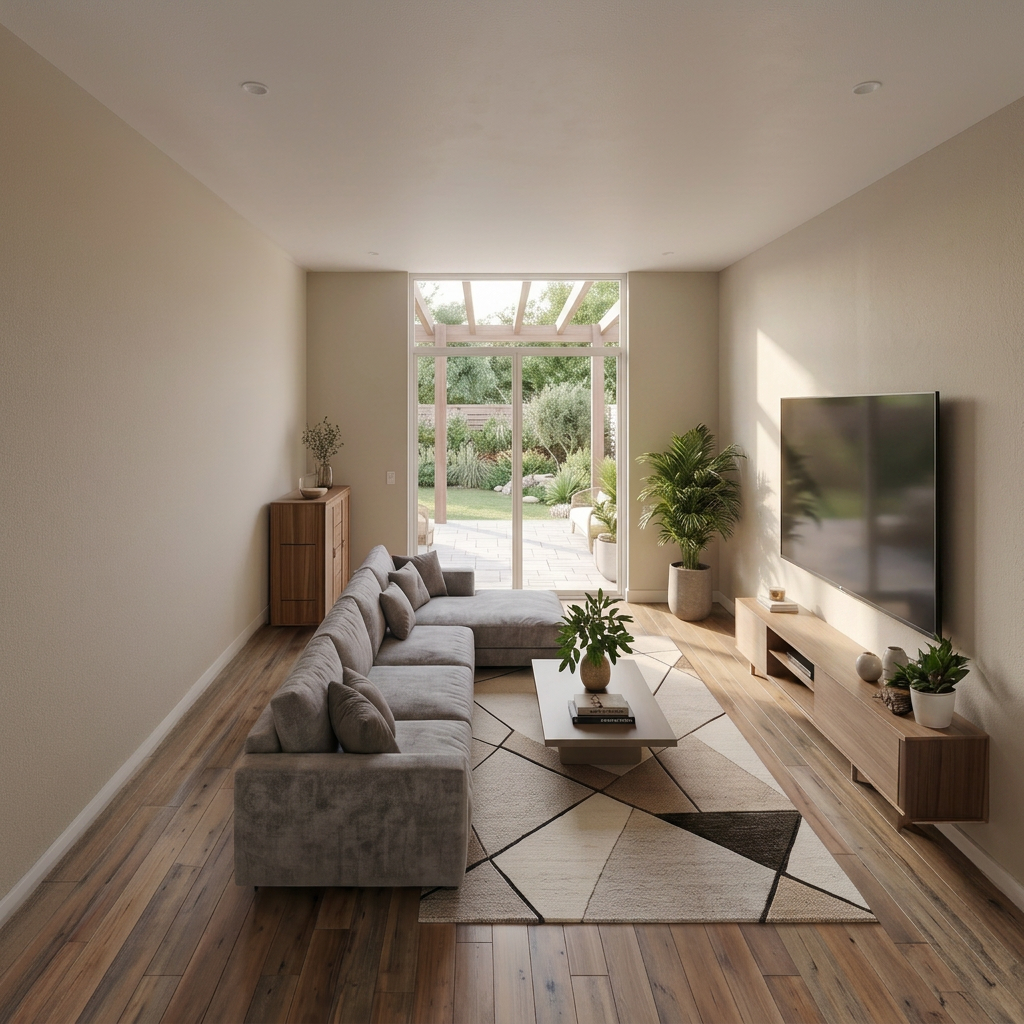 Renovation concept — living room with sectional sofa and garden-facing sliding door