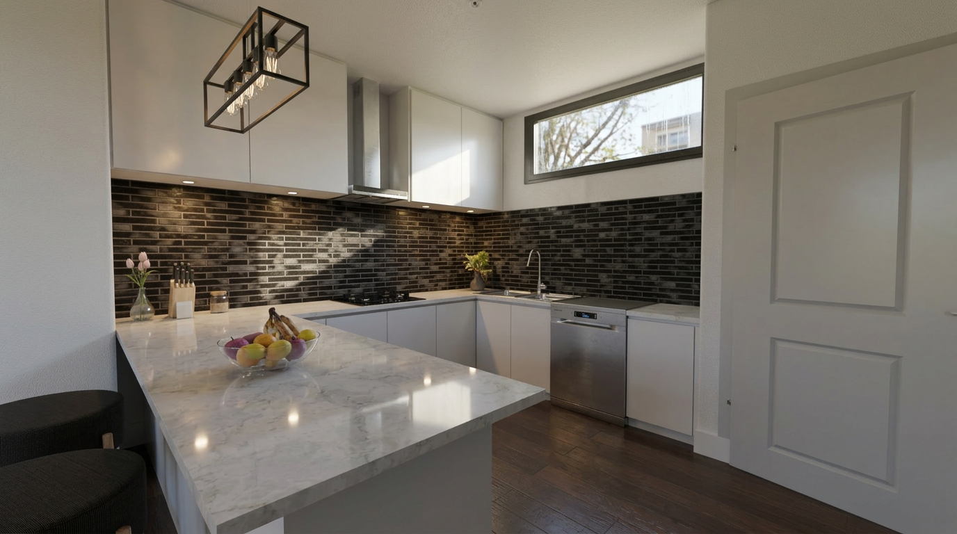 3D interior render — kitchen with island and dark tile backsplash