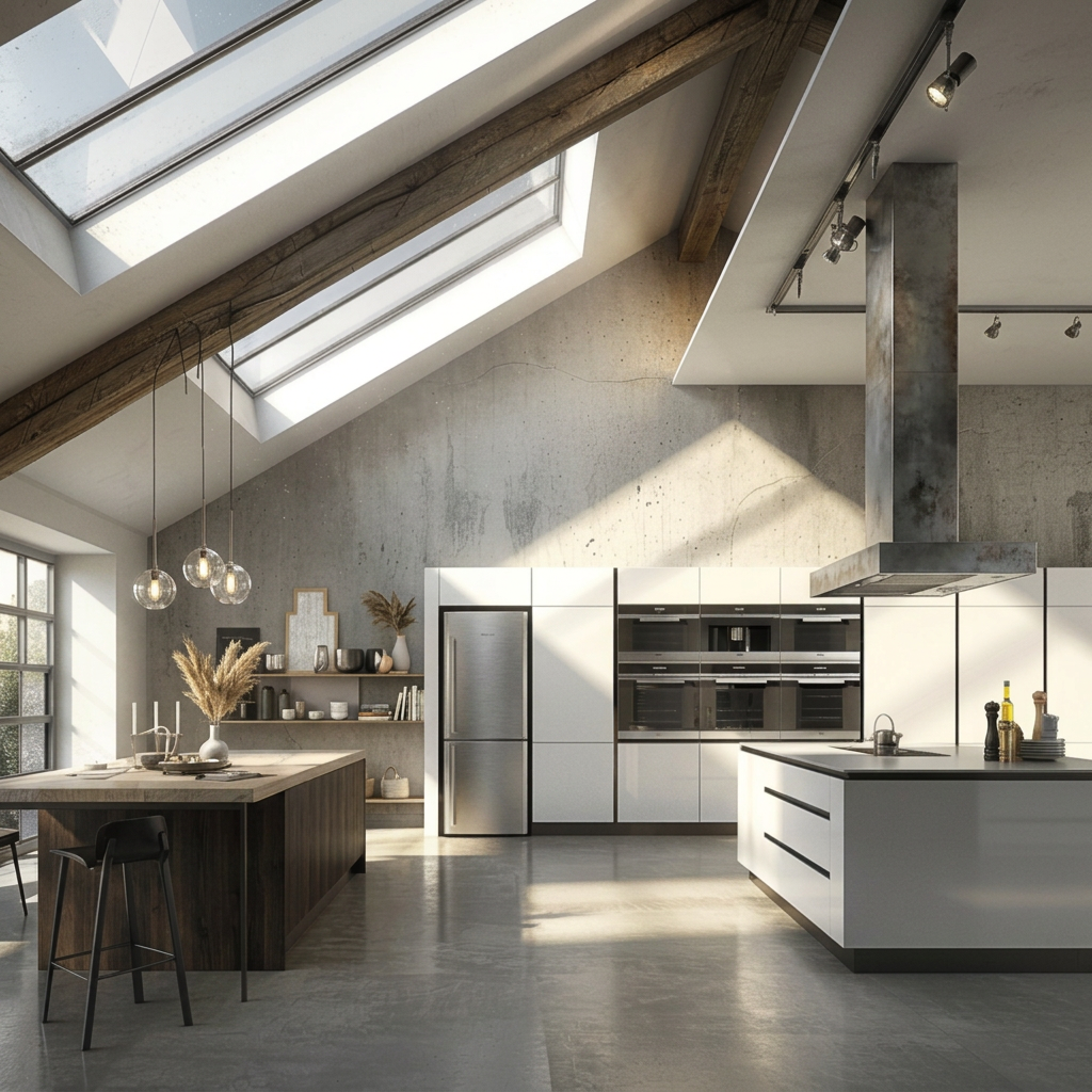 3D interior render — kitchen and dining area, skylight loft
