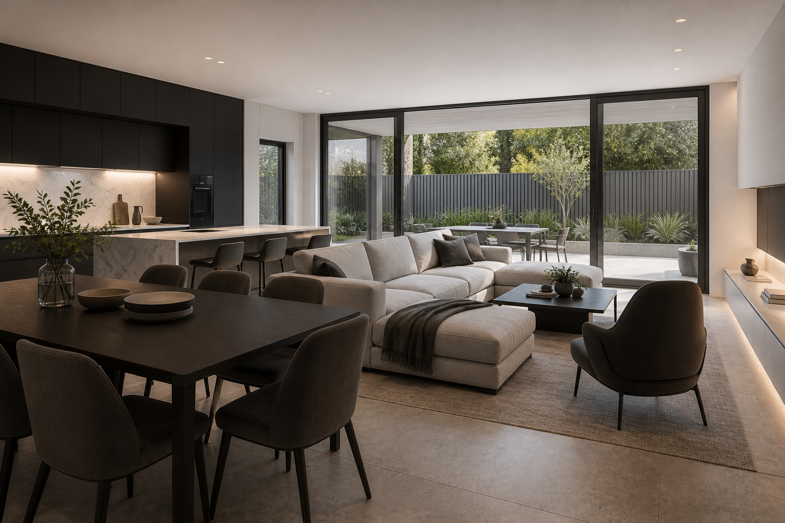 Modern residence — open-plan living and dining area with sectional sofa and garden view