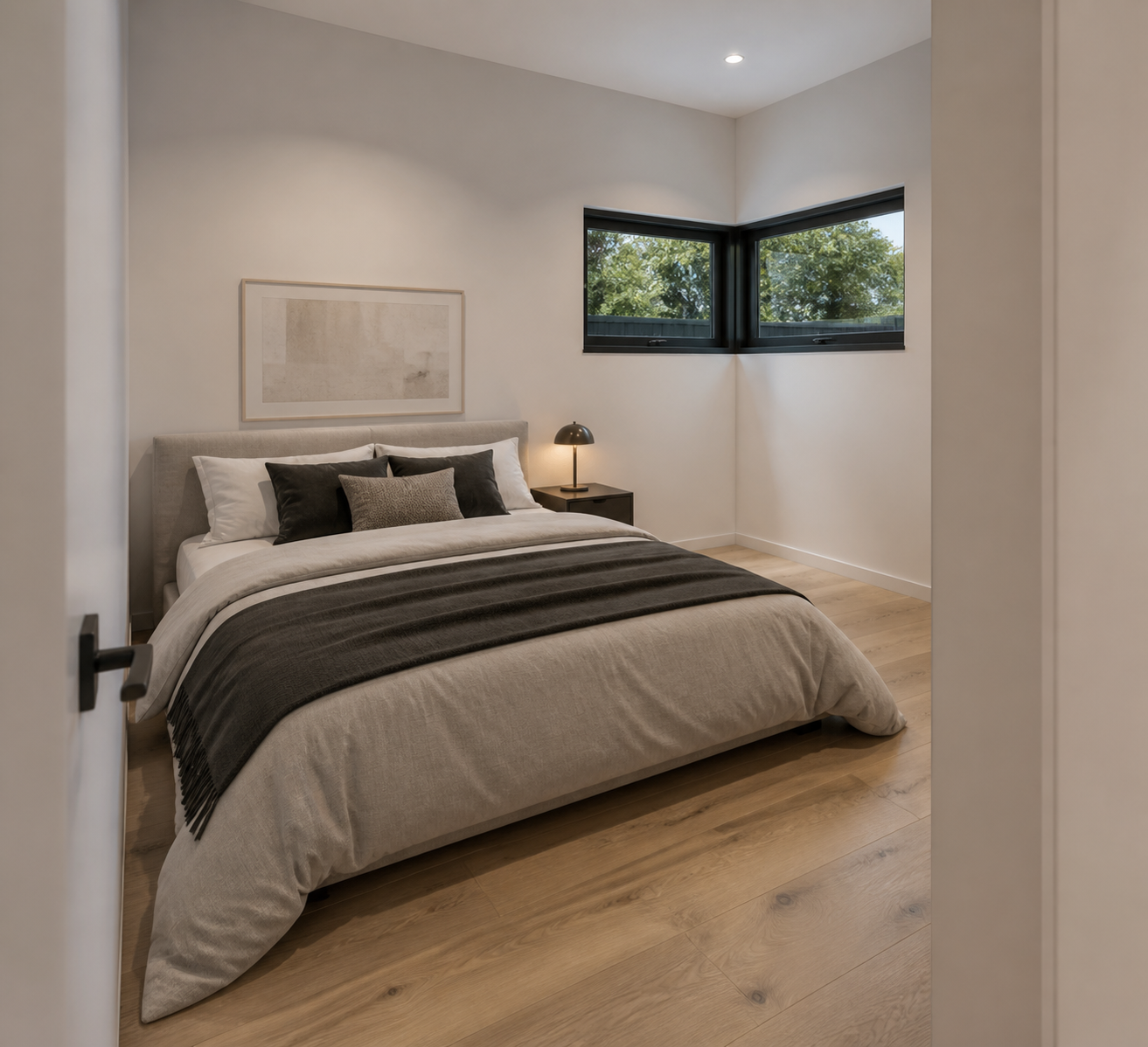 Modern residence — bedroom with corner windows and oak flooring