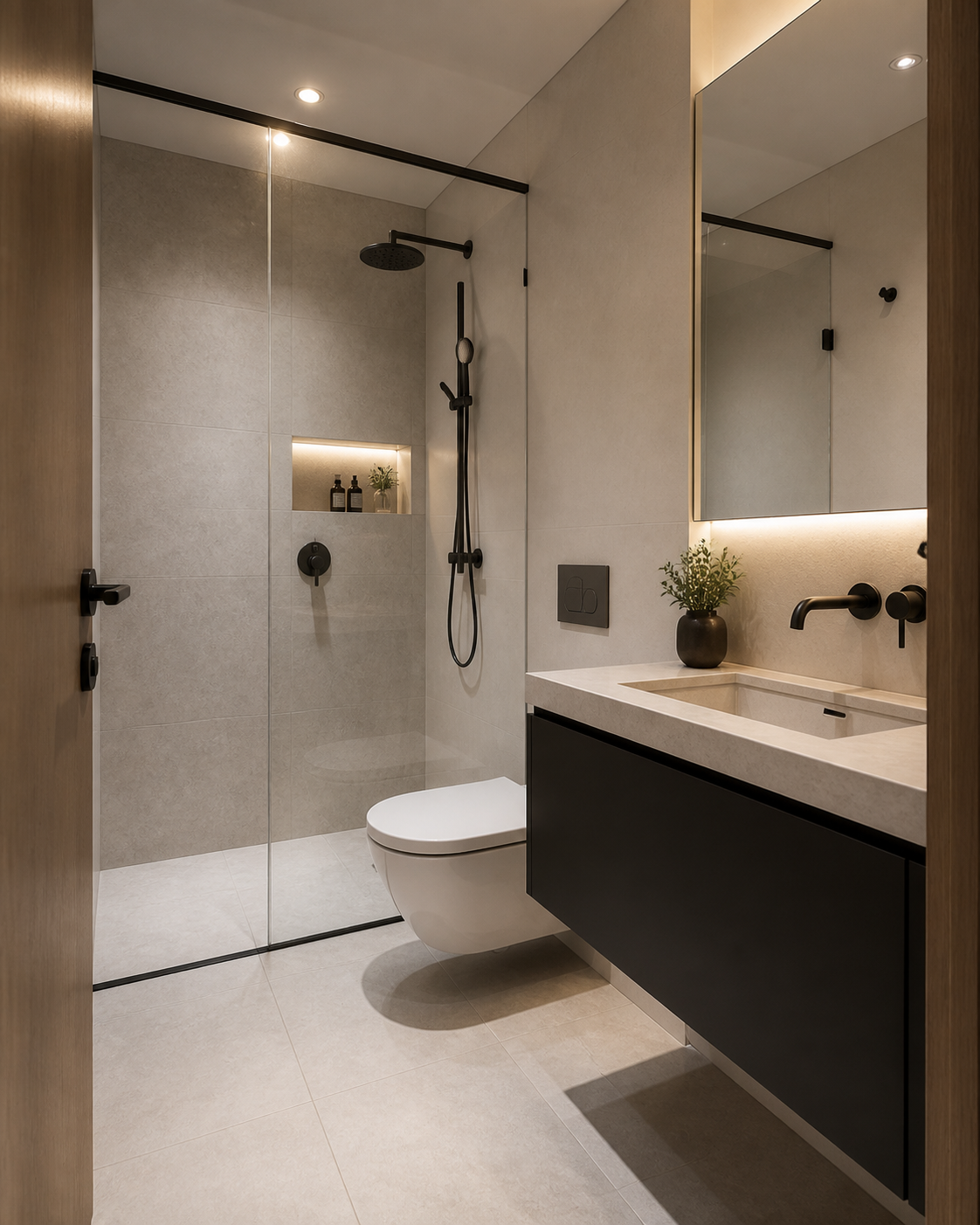 Modern residence — ensuite bathroom with walk-in glass shower and floating vanity