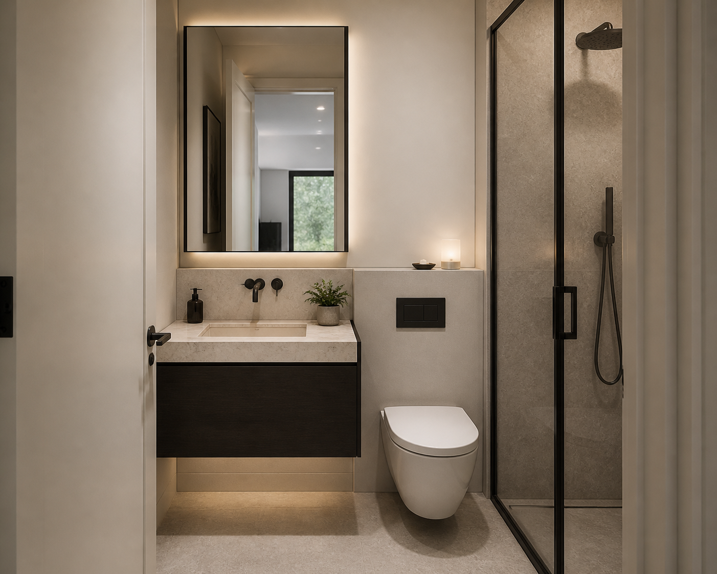 Modern residence — central powder room with backlit mirror and dark timber vanity