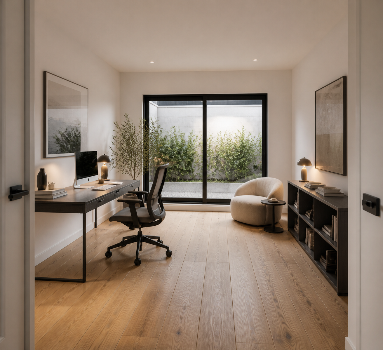 Modern residence — home office / flex room with oak flooring opening to courtyard