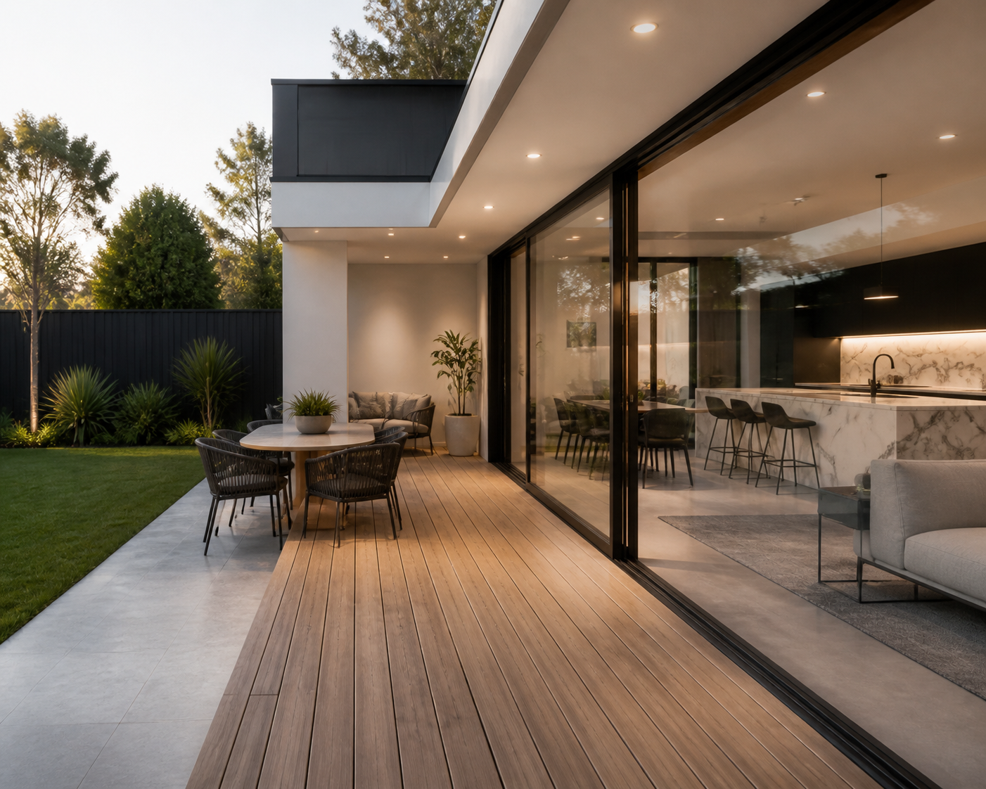 Modern residence — covered outdoor terrace and alfresco dining opening to kitchen and living area, dusk