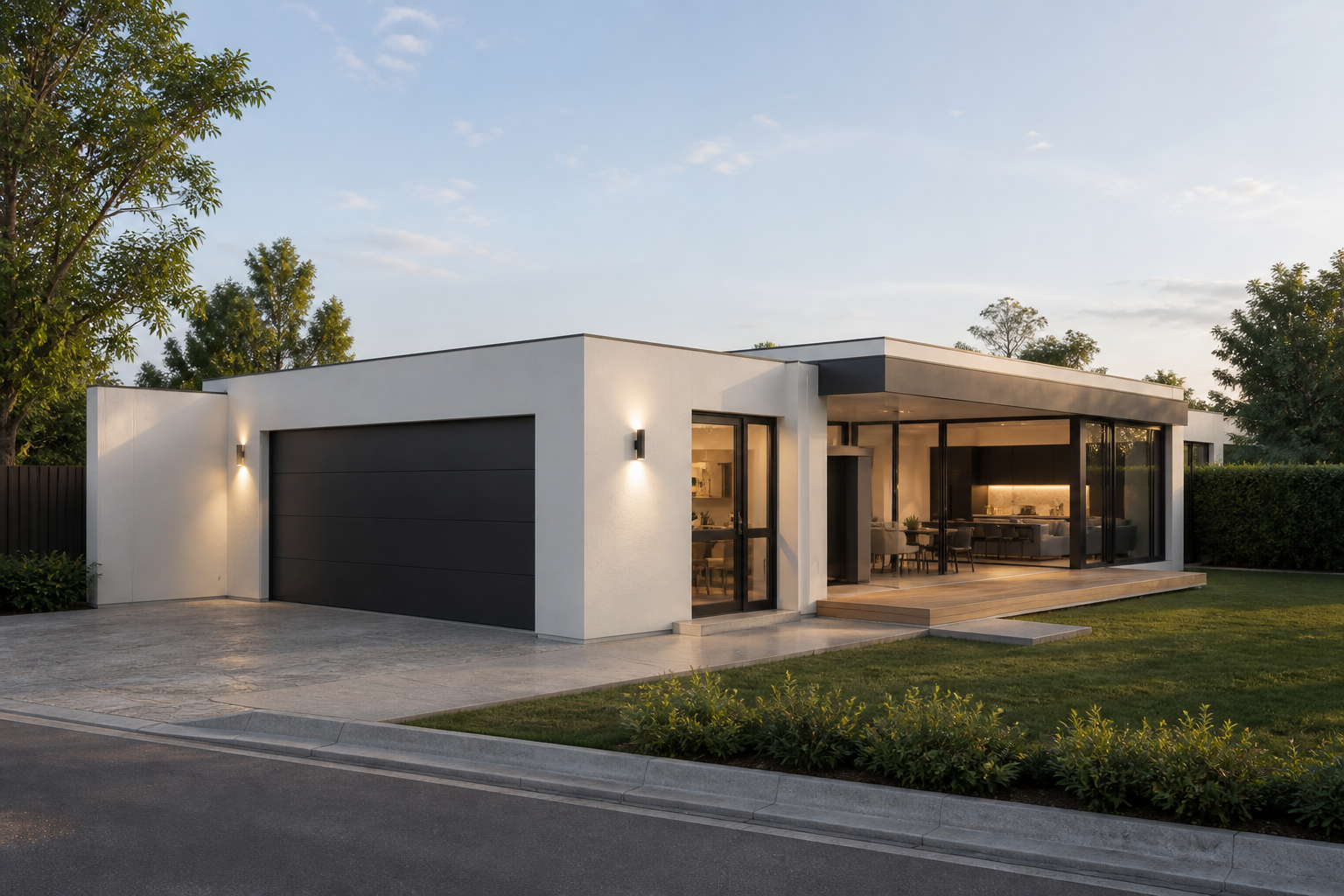 Modern residence — single-story front elevation with garage and glazed entry, dusk