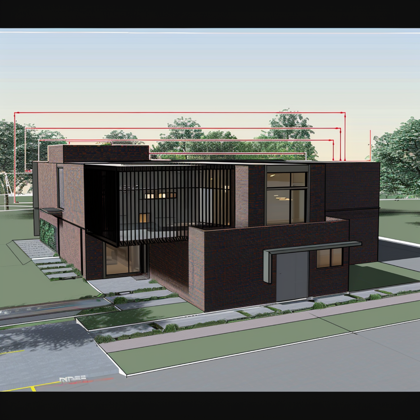 3D CAD massing model of a house exterior with dimension lines