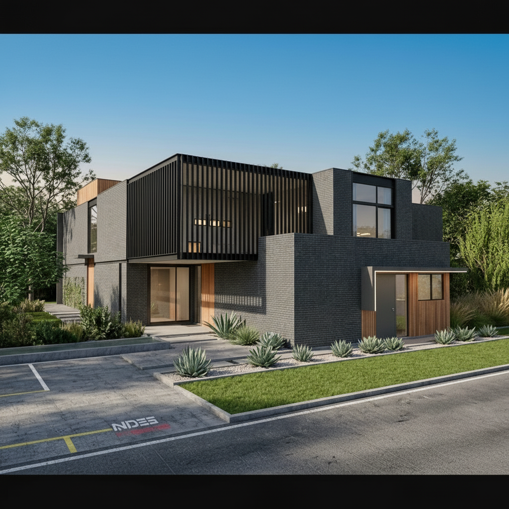 Photoreal render of the same massing model, daytime