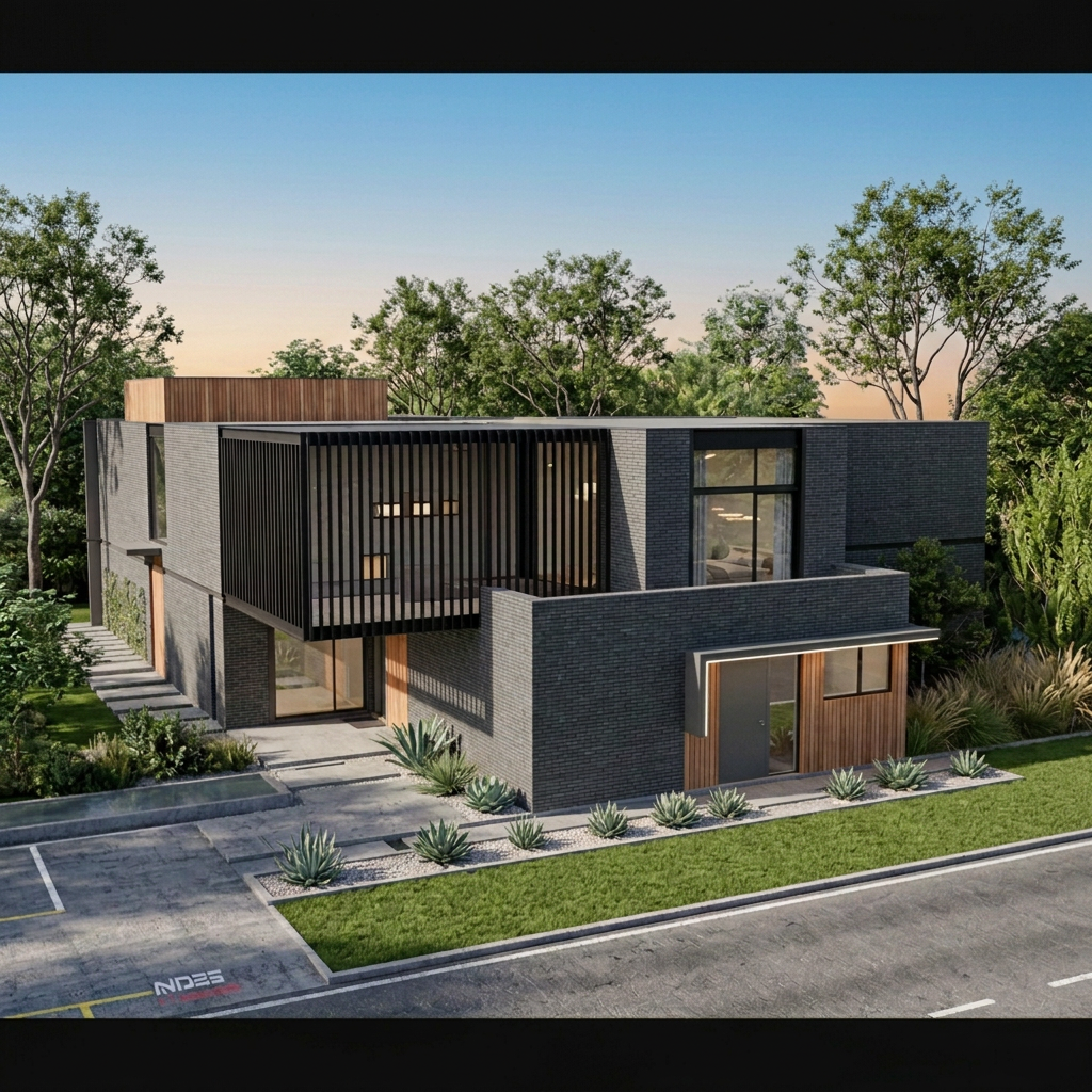 Photoreal render of the same massing model, dusk