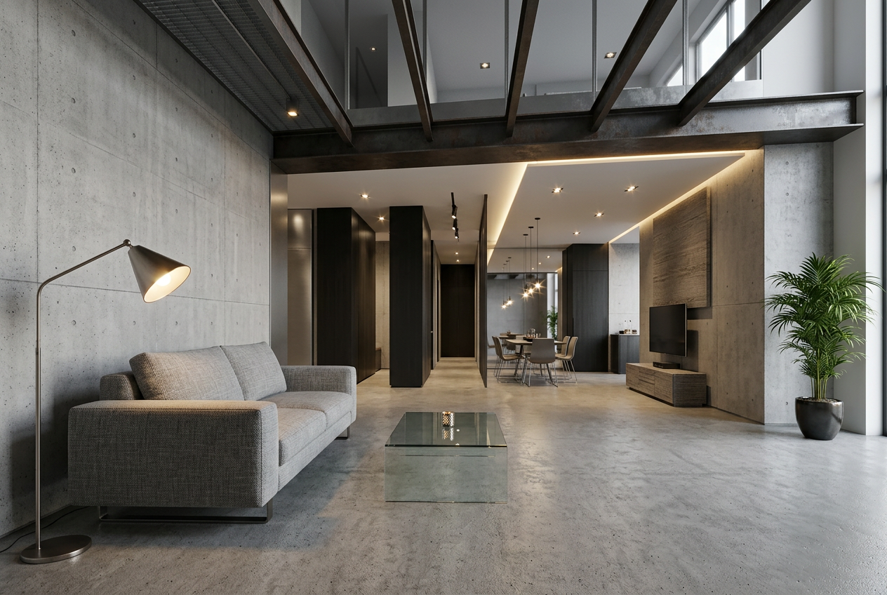 Photoreal render of an industrial-style loft living and dining space