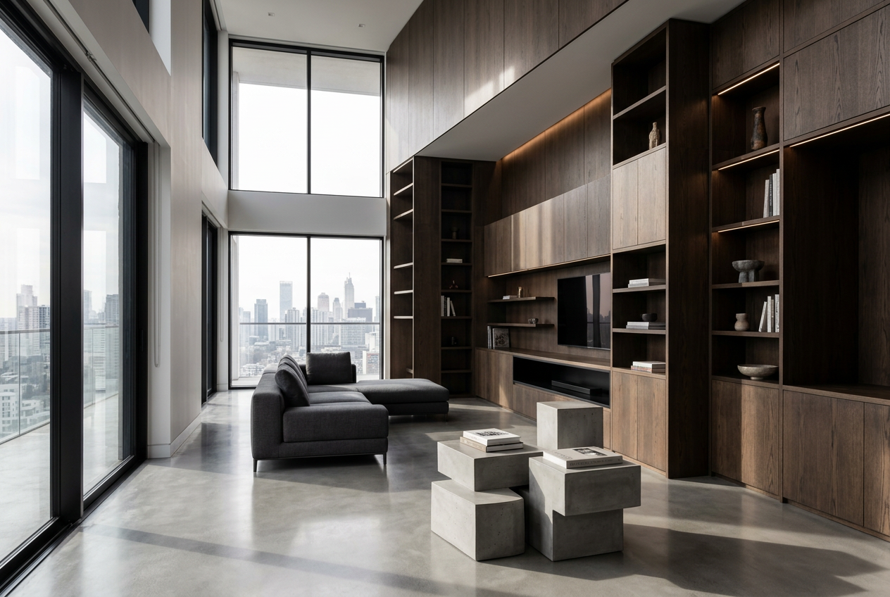 Photoreal render of a high-rise apartment living room with skyline view