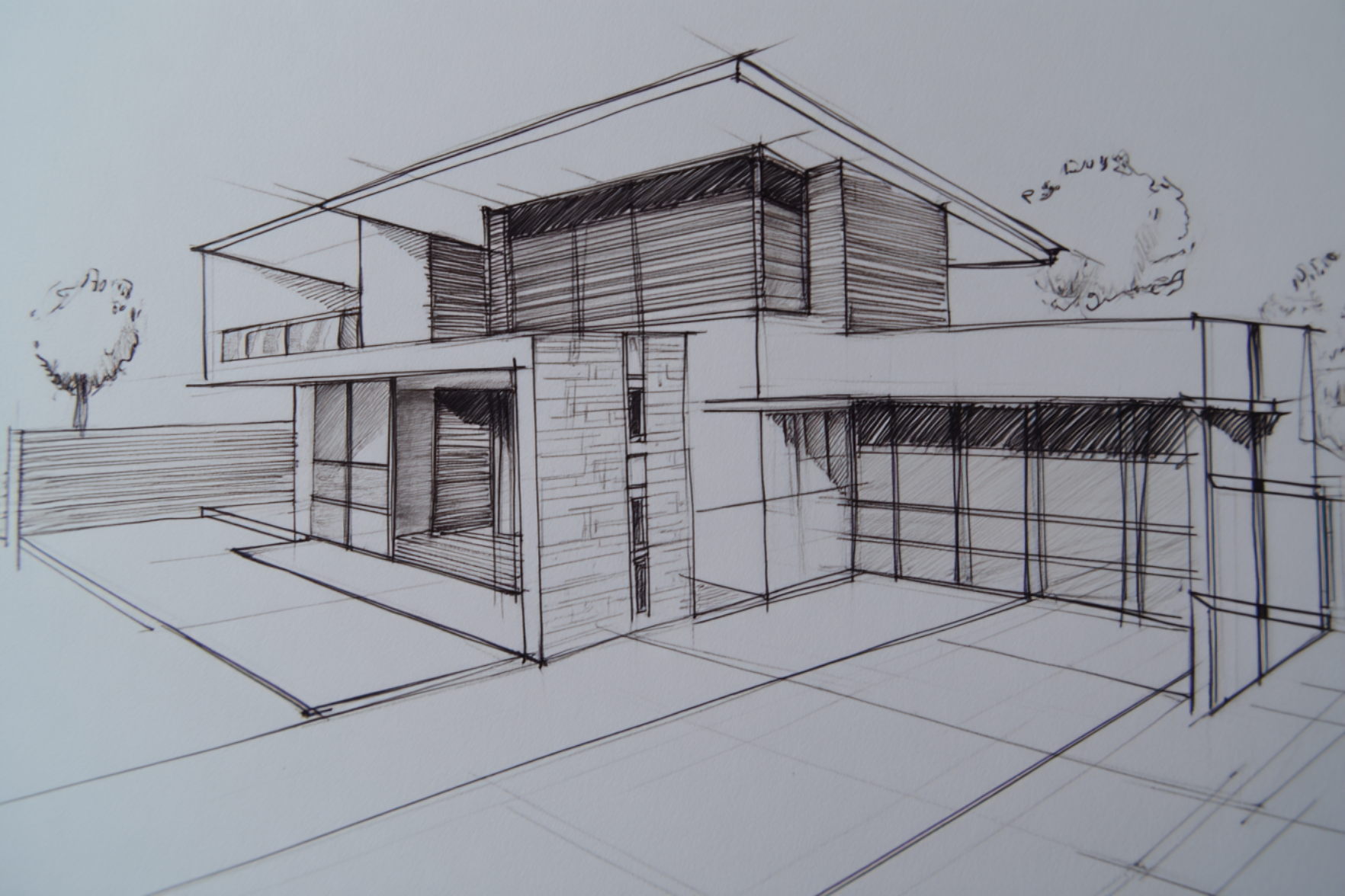Hand-drawn line sketch of a modern house exterior