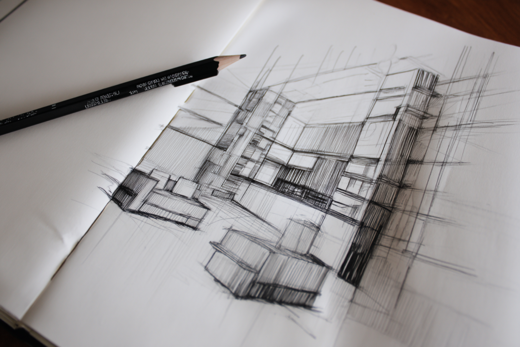 Hand-drawn pencil sketch of a modern kitchen and living space