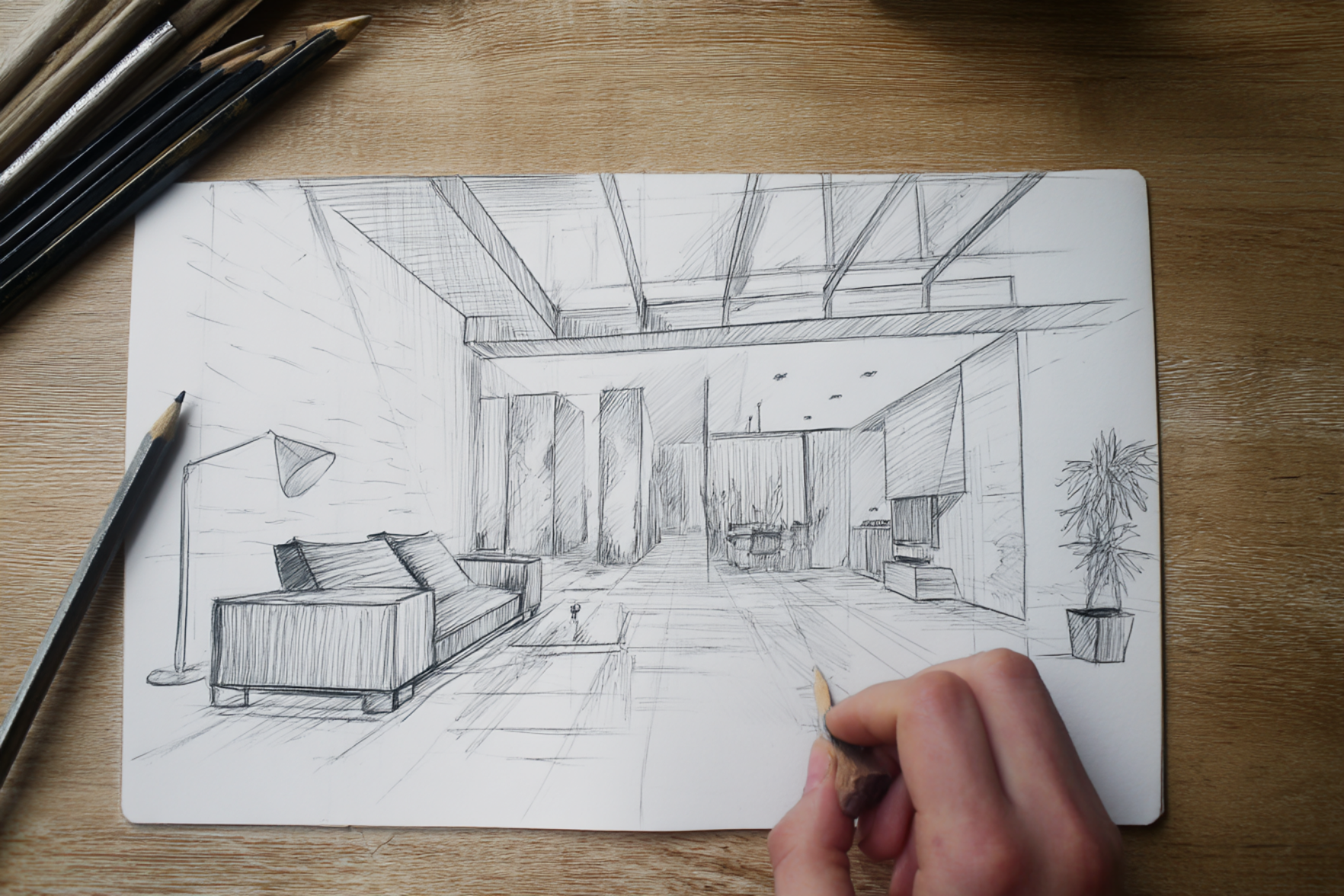 Hand-drawn pencil sketch of a modern living room interior